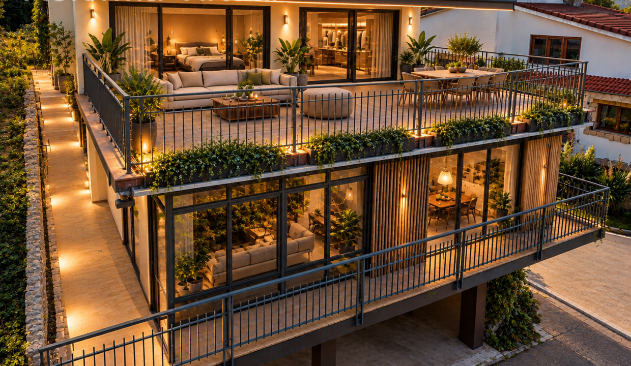 Casa contemporánea iluminada al atardecer