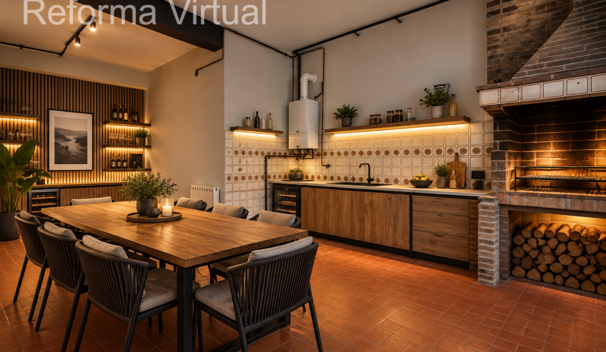 Comedor rústico con cocina y barbacoa