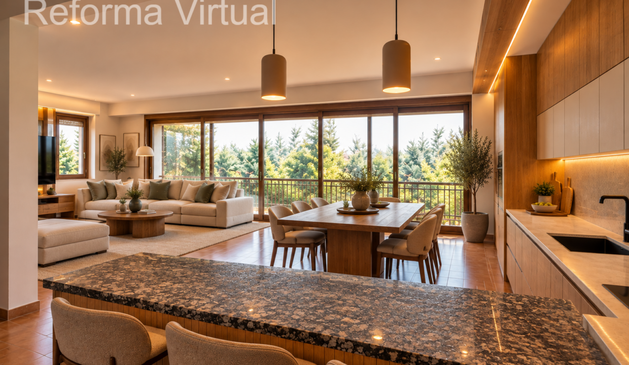 Salón abierto con vistas al bosque